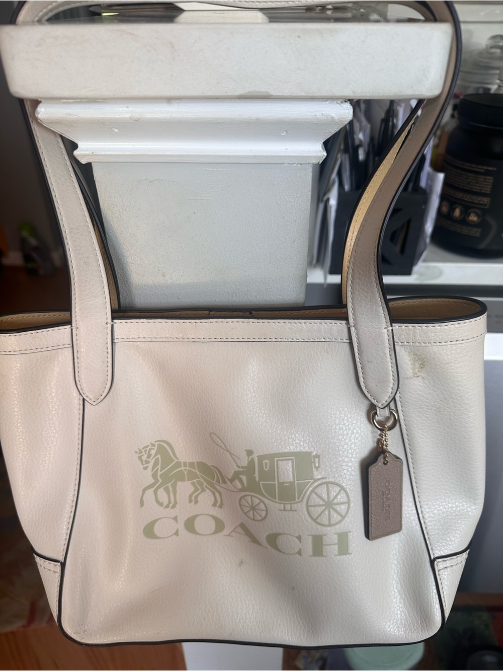 Coach Cream Leather Logo Medium size Tote with  Coach Print